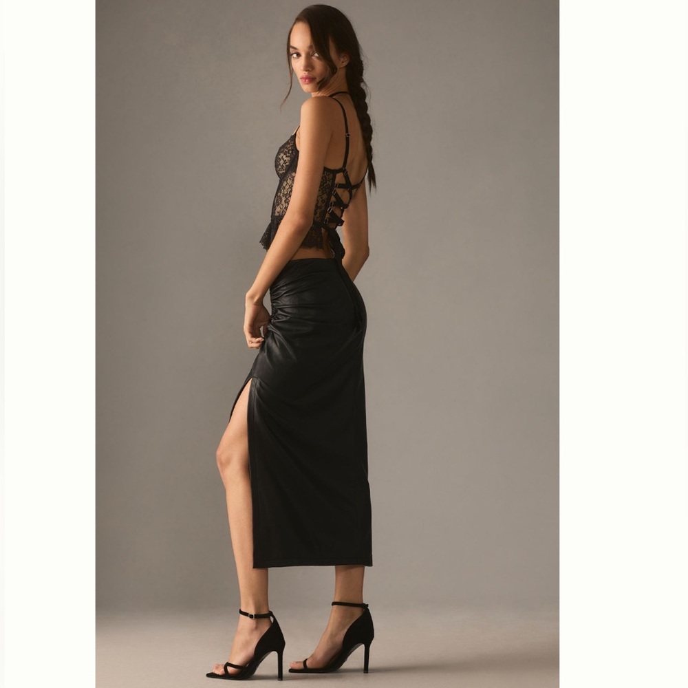 Anthropologie Maya Ruched Side Slit Skirt Faux Leather Edition XXS Petite Black